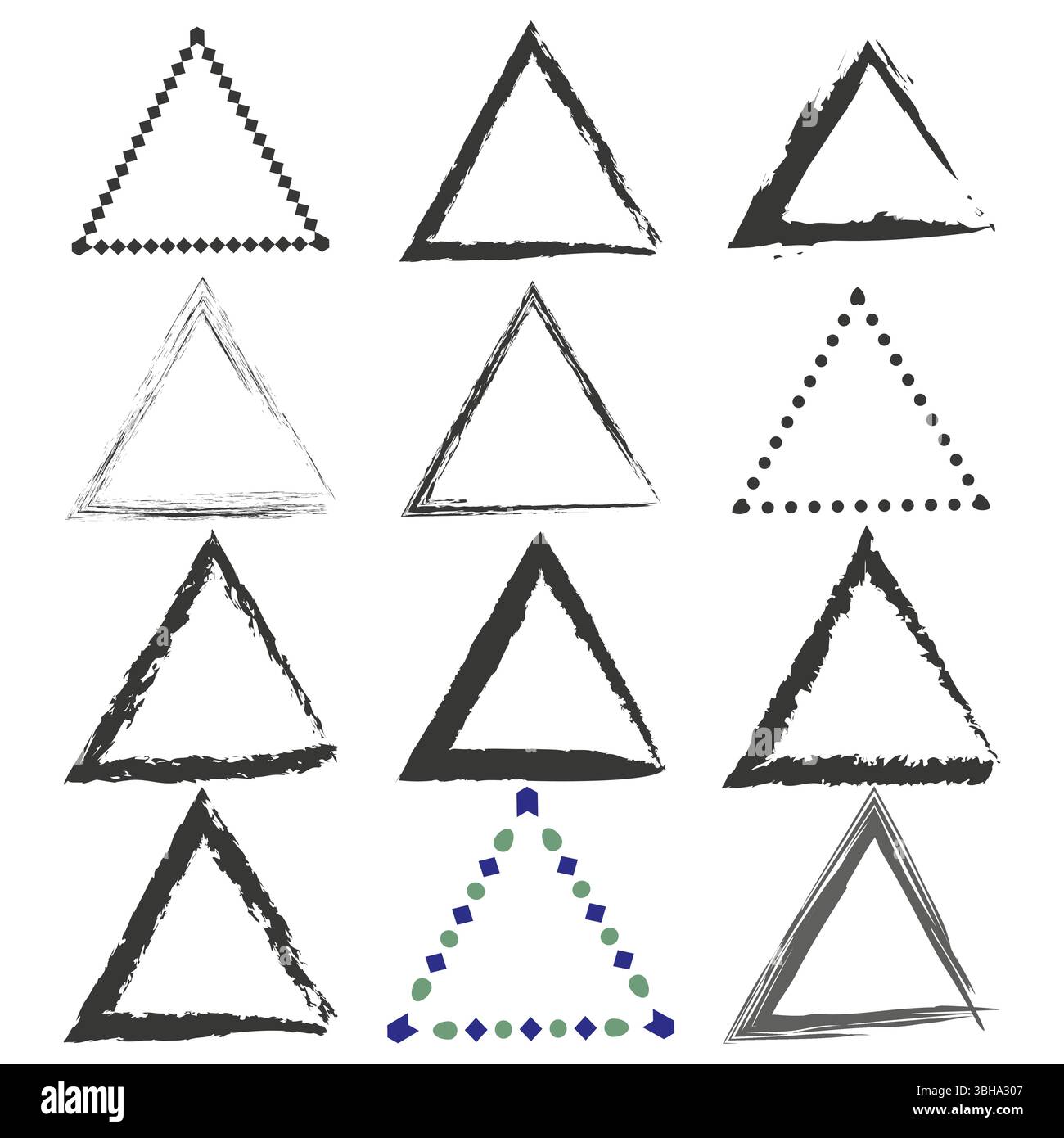 Handgezeichnete Dreiecksformen. Raue Pinselstrukturen. Unregelmäßige künstlerische Umrisse. Kreative schwarze Akzente. Stock Vektor