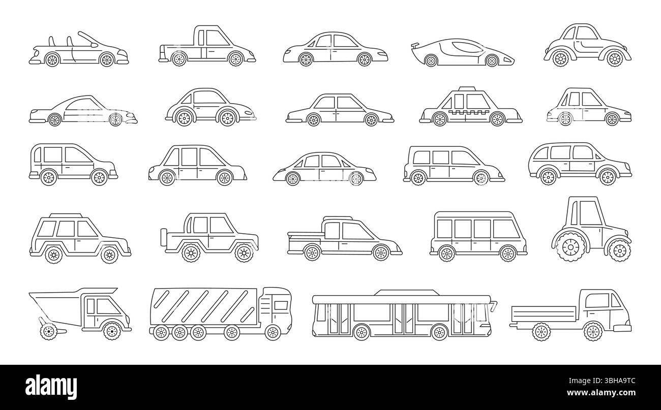 Handgezeichnetes Cartoon-Set im Auto. Linear niedliche verschiedene Transportabnehmer, Bus-Traktor-Lkw, Taxi-Limousine-Abholung. Einfache Kritzelauto-Illustration für Kinder Textiltuch Poster Vektor-Illustration Stock Vektor