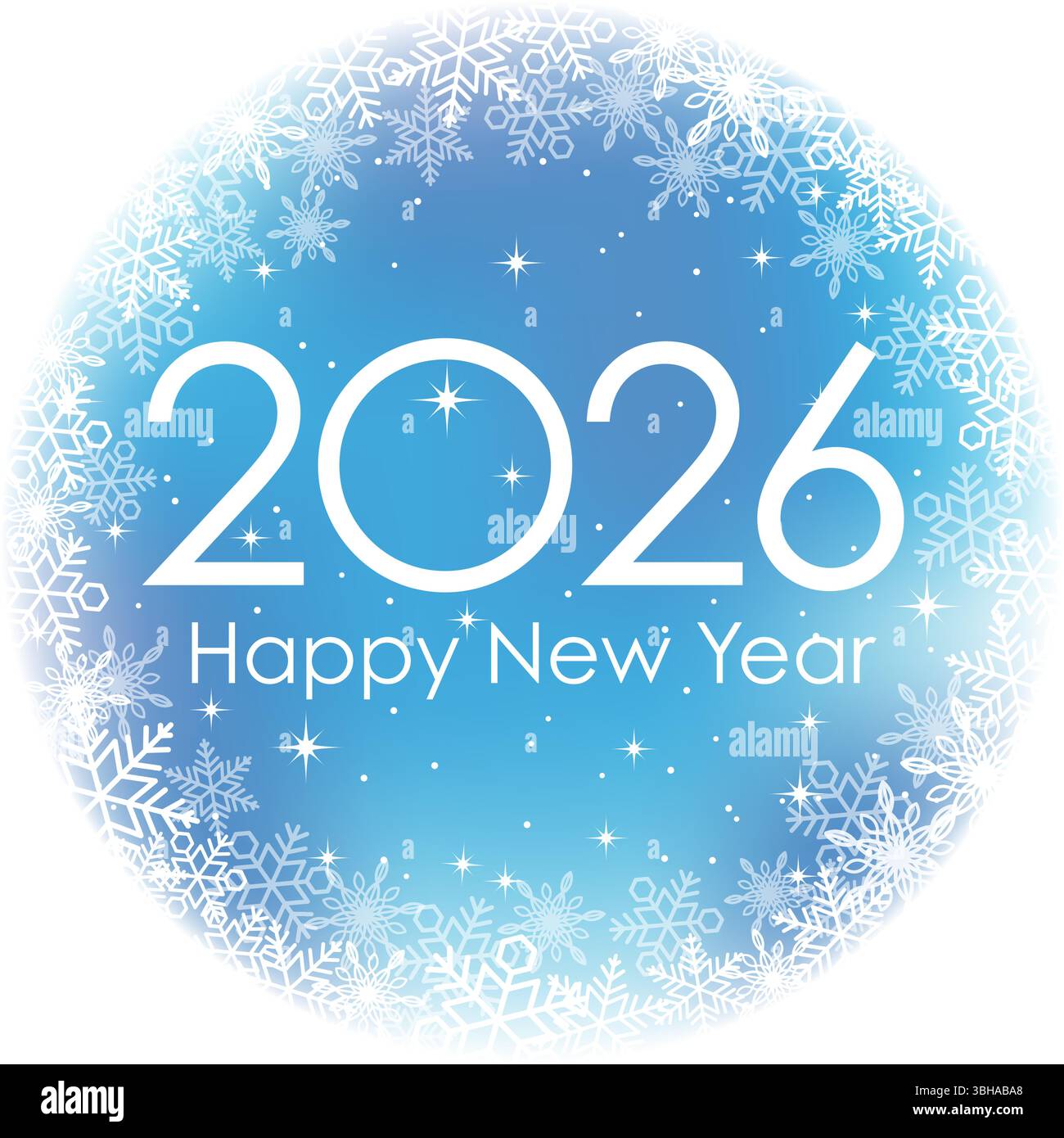 Das Jahr 2026: Blauer Rundgrüßsymbol für Neujahr mit Schneeflocken verziert. Vektorillustration isoliert auf weißem Hintergrund. Stock Vektor