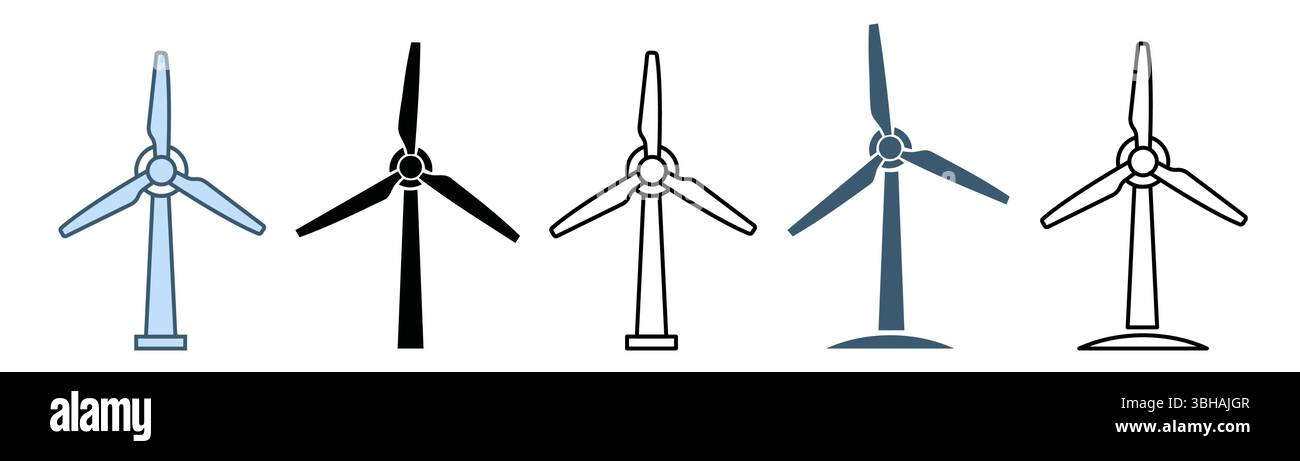 Vektorsilhouetten von Windkraftanlagen. Vektorsymbole für Windmühle. Symbole für Windenergieanlagen. Symbole für Windkraft. Symbole für alternative Energie Stock Vektor