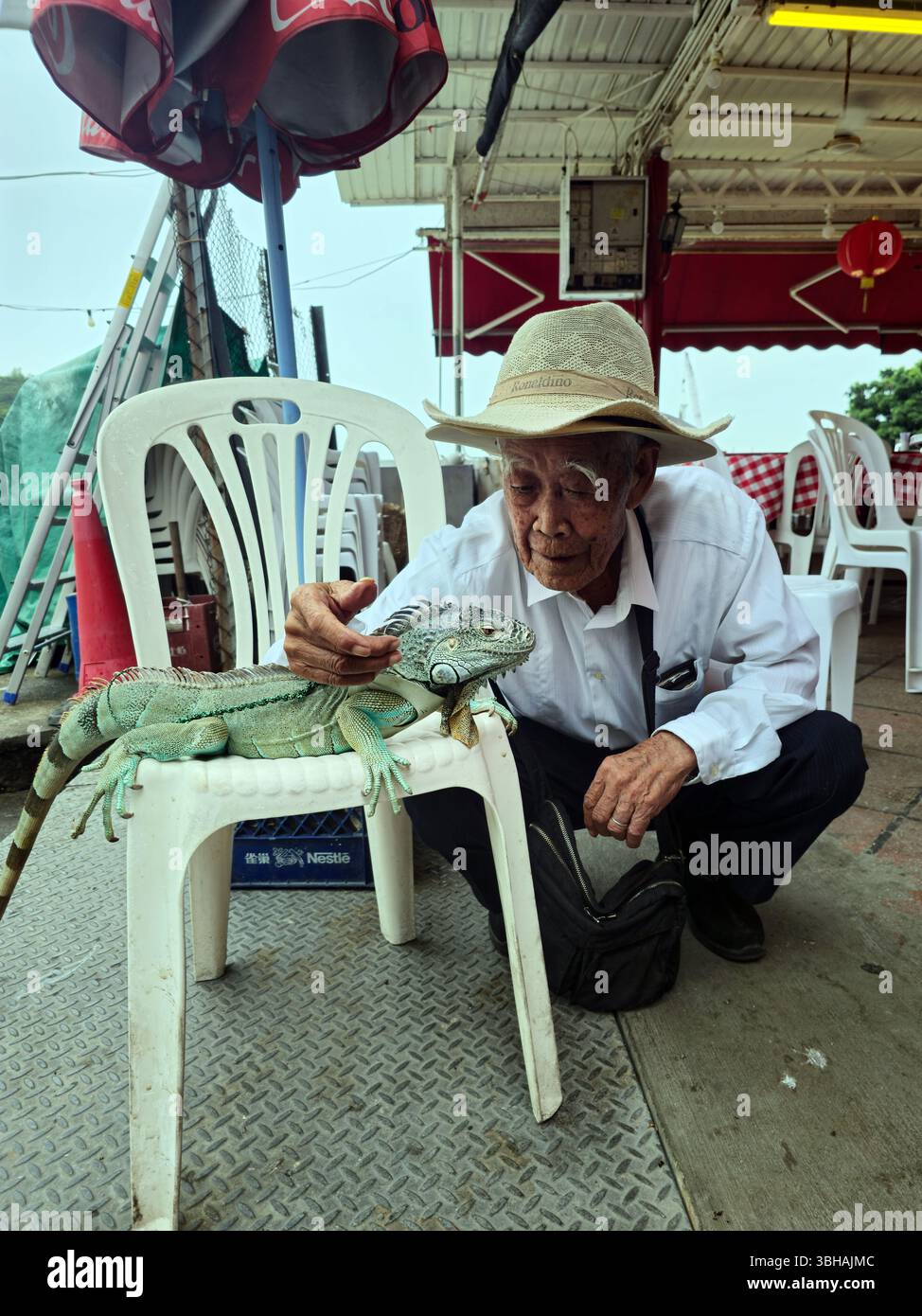 Ein älterer Mann mit seinem Iguana in Yung Shue Wan, Lamma Island, Hongkong. - Smartphone-aufgenommenes Stockfoto