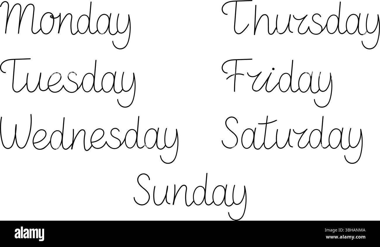 Handgeschriebene Wochentage in eleganter kursiver Schrift, perfekt für Termine oder Kalenderdesigns. Stock Vektor