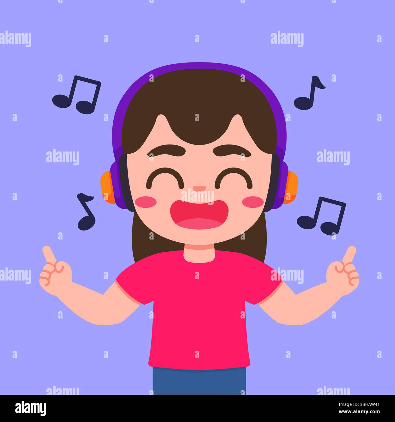 Niedliches Mädchen, das Musik hört, mit Kopfhörercharakter Stock Vektor