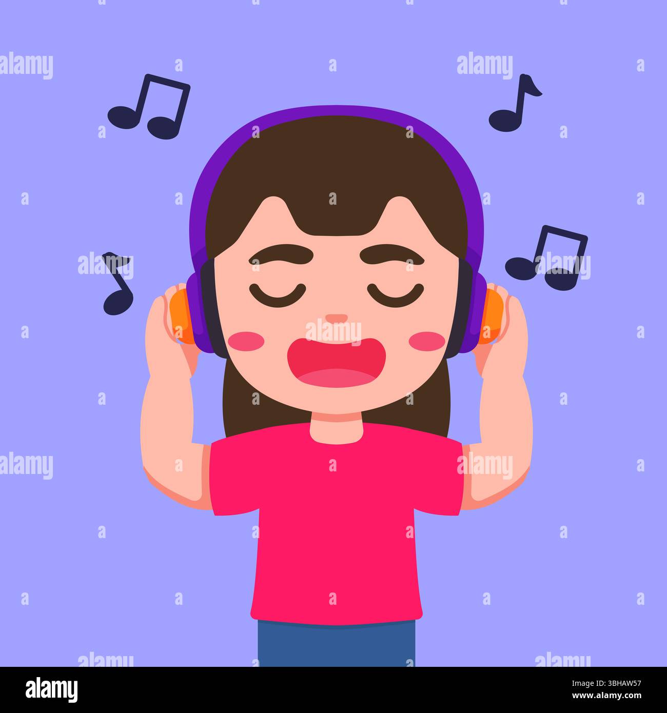 Niedliches Mädchen, das Musik hört, mit Kopfhörercharakter Stock Vektor