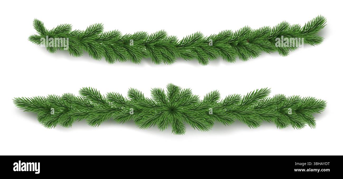 Zweiggirlande realistische Weihnachtsdekoration - grüne Nadelränder mit üppigem immergrünem Laub. Festliche Tannenbäumchen - horizontale Trennwände für Weihnachtskarten oder Winterfeiern. Stock Vektor