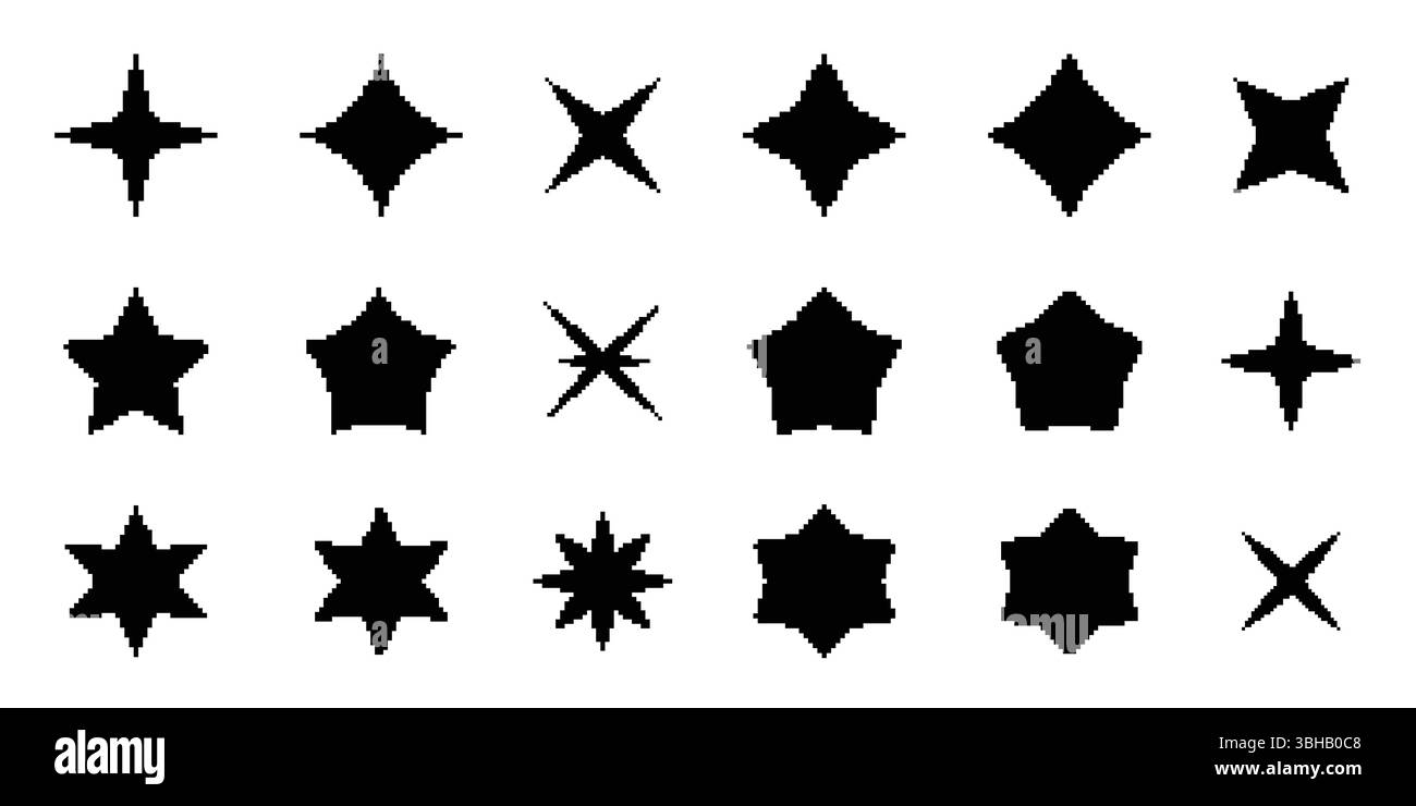 8-Bit-Pixel-Stern-Symbolsatz. Schwarzes Glitzersymbol Stock Vektor