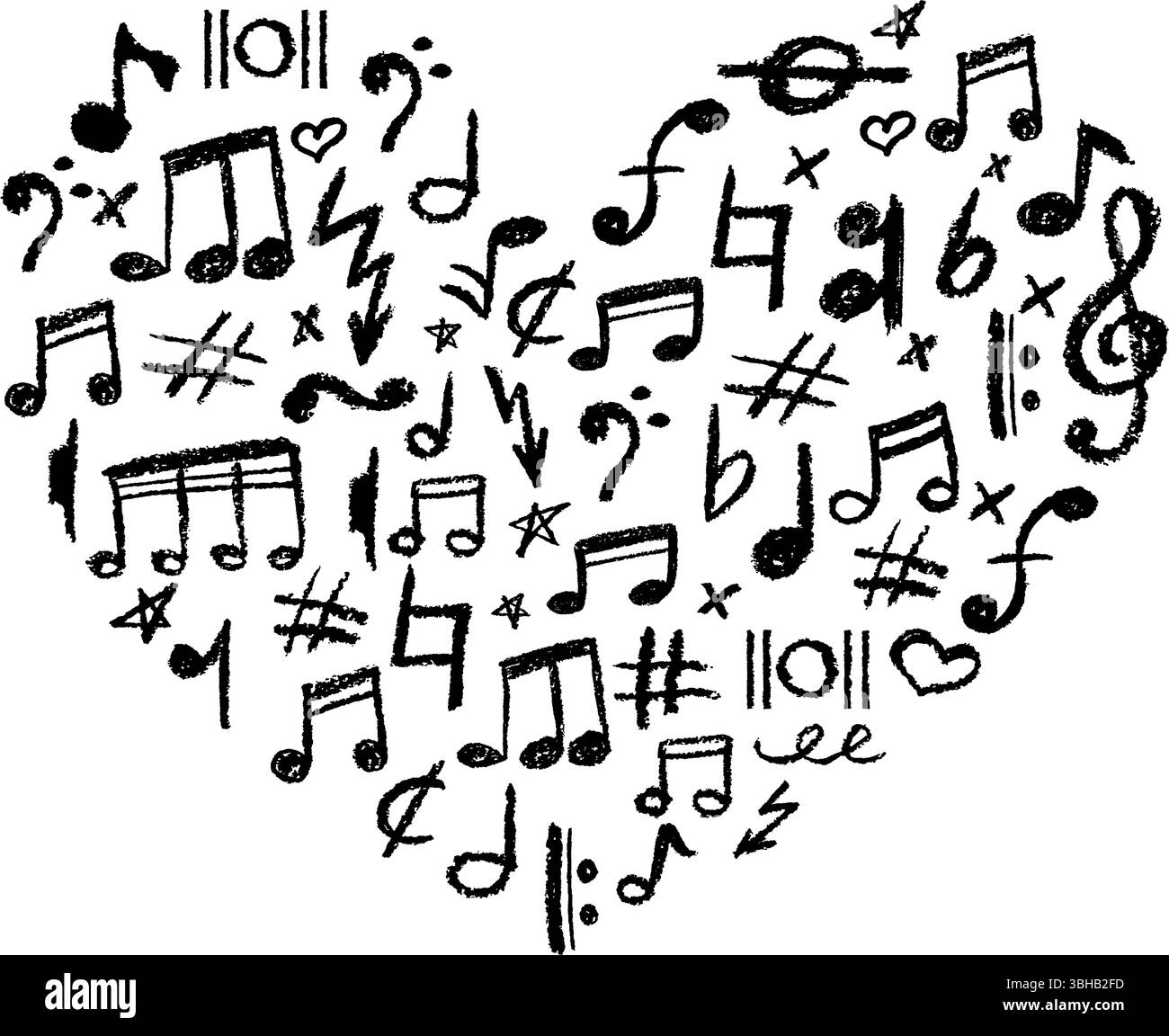 Herzform voller musikalischer Symbole. Holzkohlestempel, niedliche Unterstreichungssymbole für Kindergarten oder Schule. Schwarze Noten, Blitz und Stock Vektor