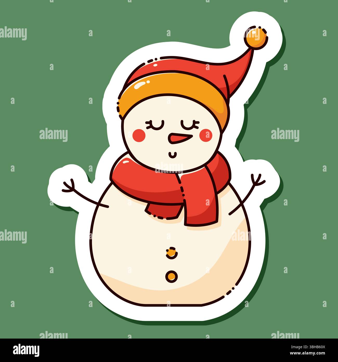 Kawaii Christmas Snow man Aufkleber mit rotem Schal und Hut und lustigem Gesicht. Stock Vektor