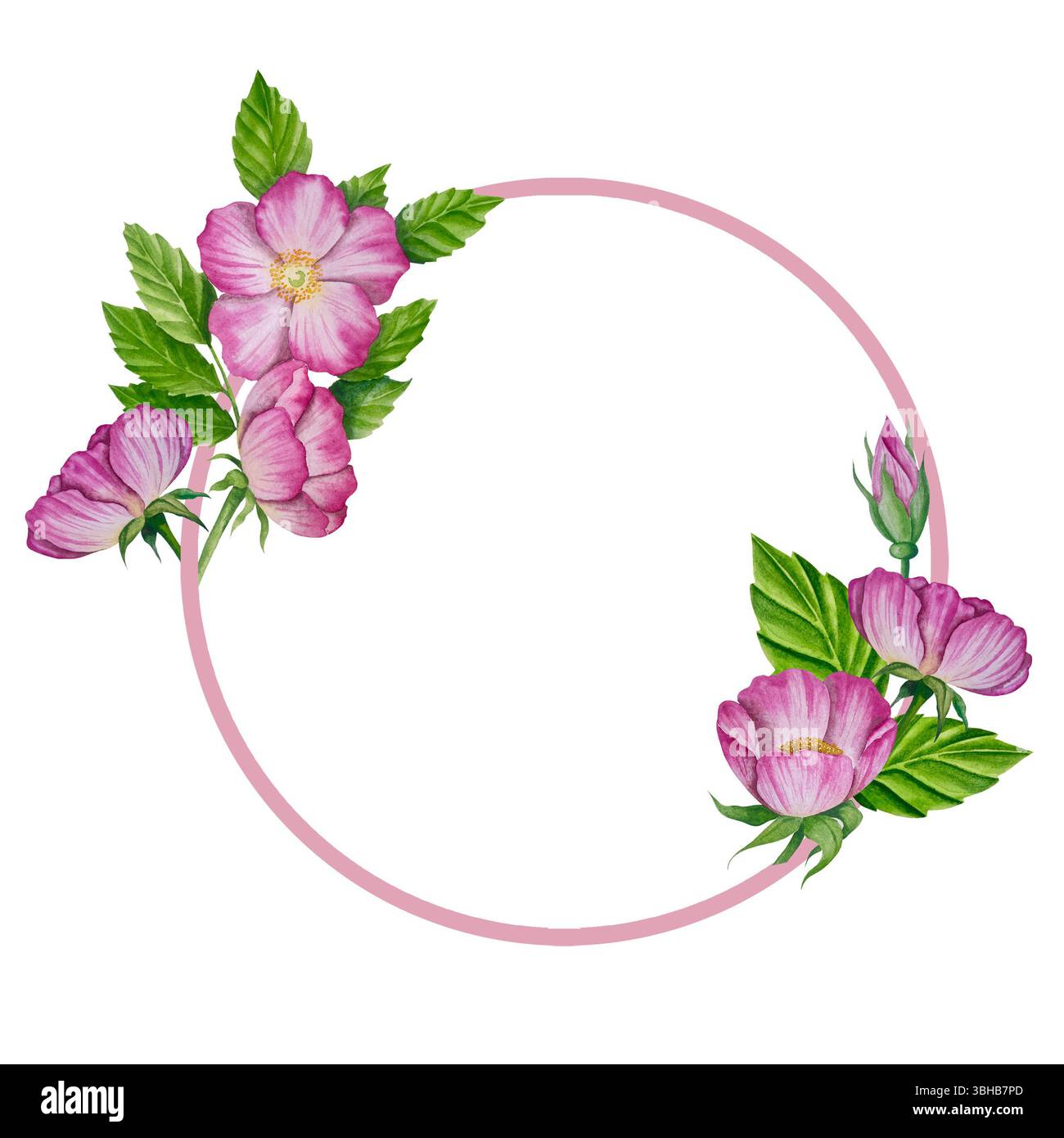 Grüne, frische Teeblätter, Tasse Tee und Wasserkocher, Teezeit mit Blumen und Beeren der Rosenhüte. Illustration zum internationalen Teetag. Wasserkol Stockfoto