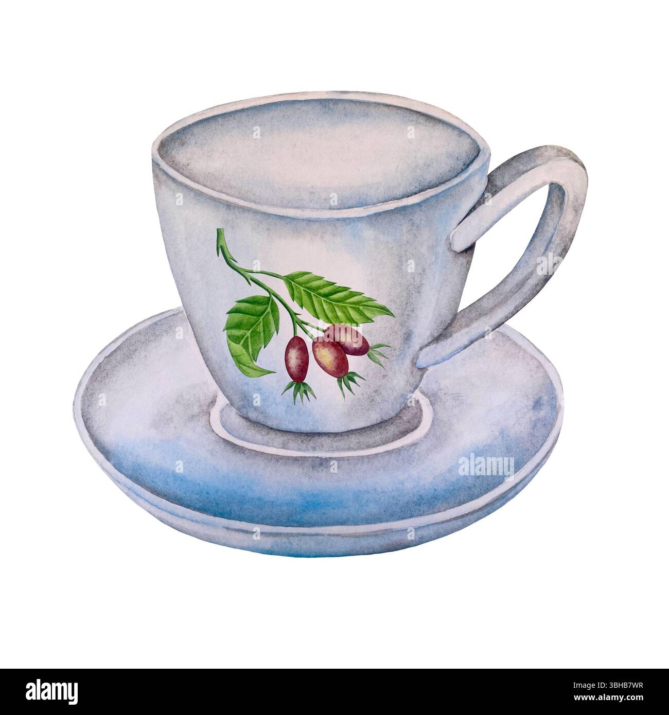Grüne, frische Teeblätter, Tasse Tee und Wasserkocher, Teezeit mit Blumen und Beeren der Rosenhüte. Illustration zum internationalen Teetag. Wasserkol Stockfoto