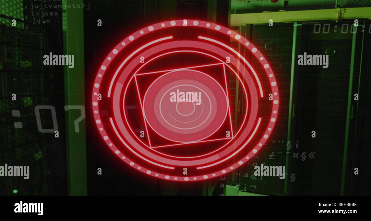 Abbildung: Roter Kreis mit Zahlen über Servern. Computer, Datenverarbeitung und Technologiekonzept digital generiertes Bild. Stockfoto