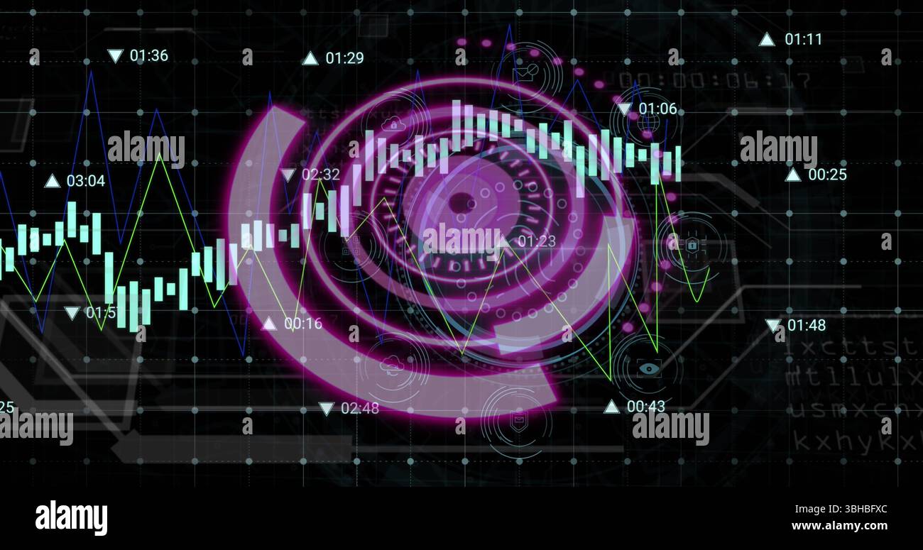 Bild eines lila Kreises, Zahlen und Diagramme auf schwarzem Hintergrund. Computer, Datenverarbeitung und Technologiekonzept digital generiertes Bild. Stockfoto