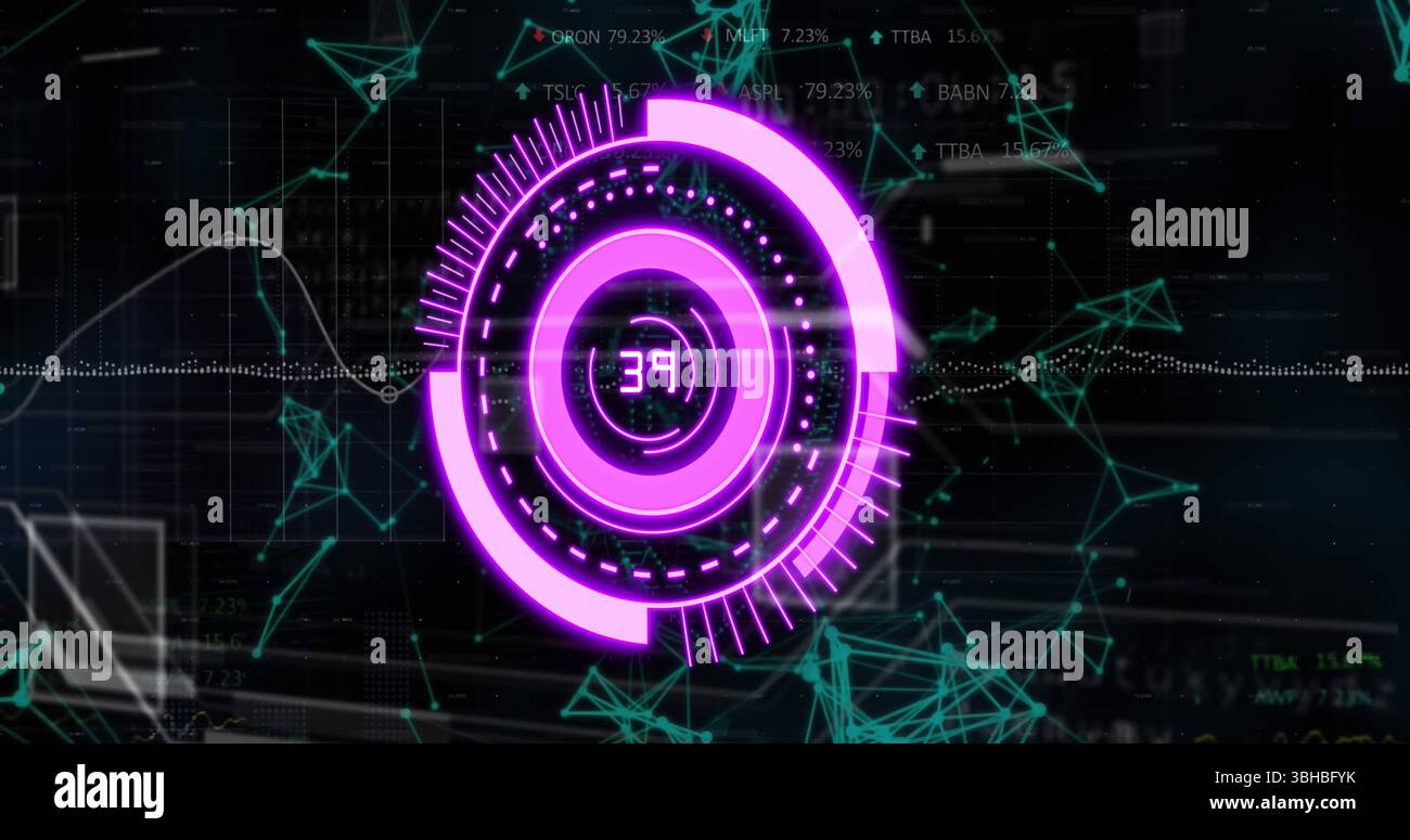 Bild eines violetten Kreises mit Zahlen über Verbindungen auf schwarzem Hintergrund. Computer, Datenverarbeitung und Technologiekonzept digital generiertes Bild. Stockfoto