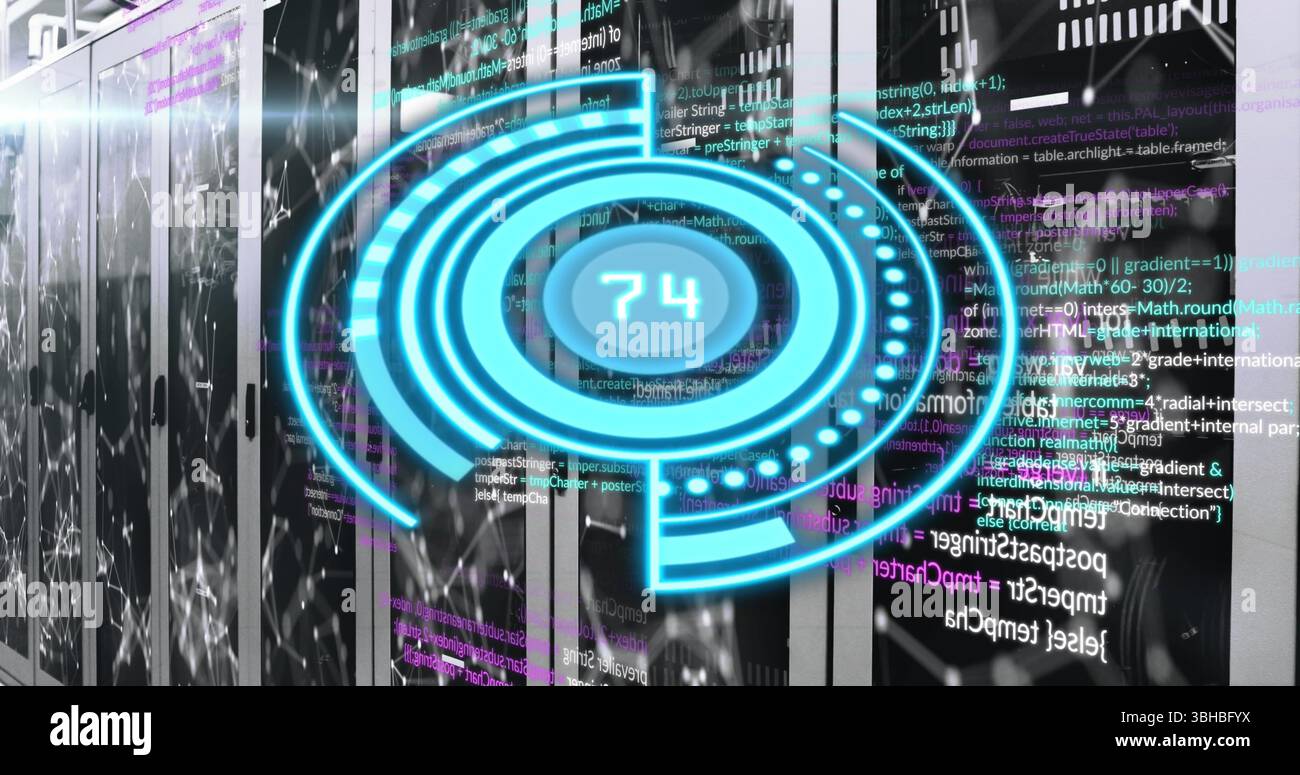 Abbildung eines blauen Kreises mit Zahlen über Servern. Computer, Datenverarbeitung und Technologiekonzept digital generiertes Bild. Stockfoto