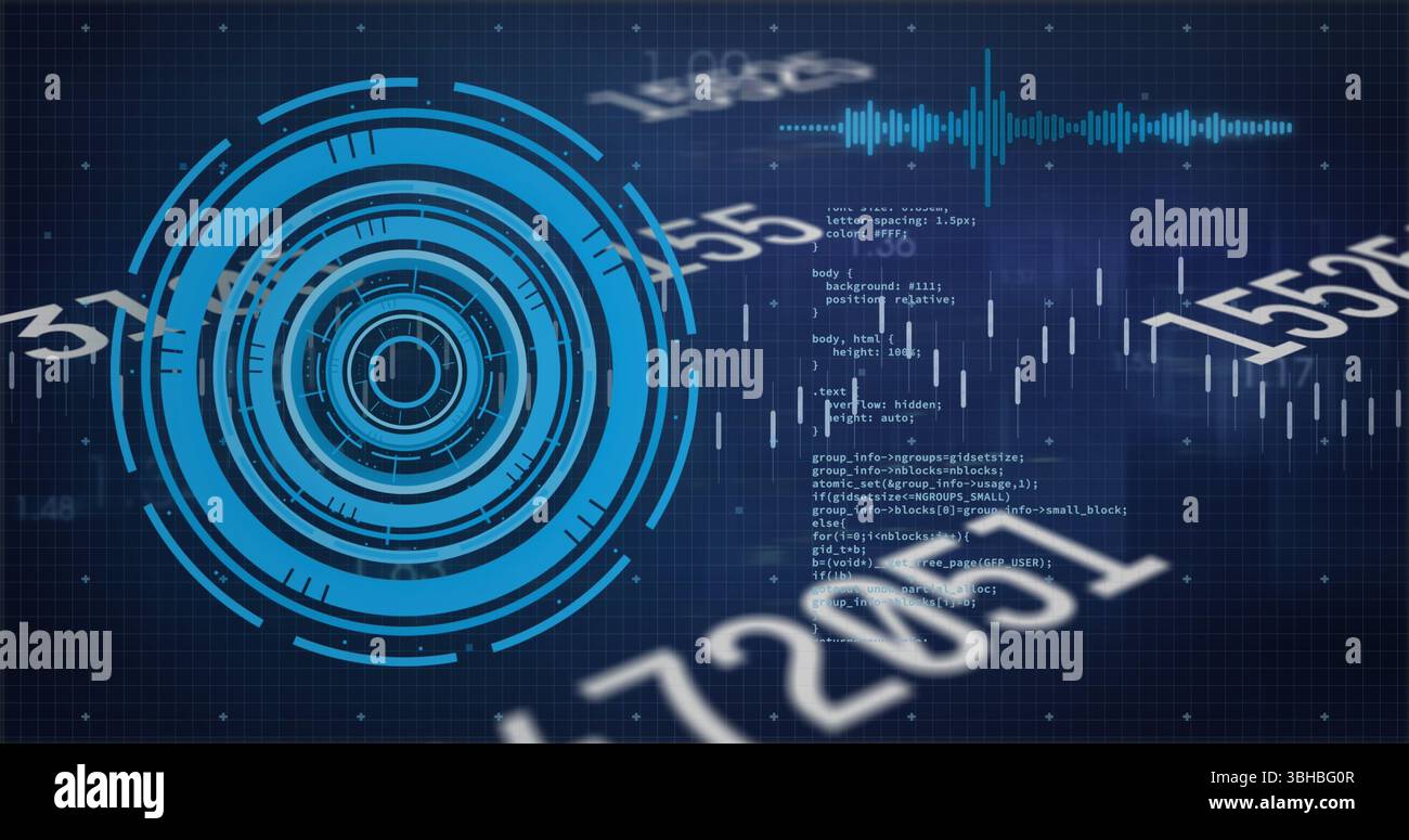 Bild der Zahlen, des Verarbeitungskreises und der Finanzdaten auf dem digitalen Bildschirm. Globales Finanz-, Wirtschaft-, Datenverarbeitungs- und Technologiekonzept digital ge Stockfoto
