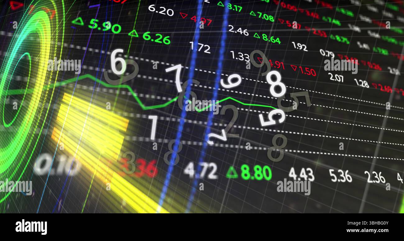 Bild von Formen, Zahlen, Verarbeitungskreisen und Finanzdaten auf dem digitalen Bildschirm. Global Finance, Economy, Datenverarbeitung und Technologiekonzept digi Stockfoto