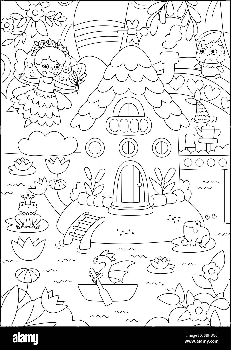 Vektor-schwarz-weiß vertikaler Fairyland-Hintergrund mit Sumpf-Feenhaus. Zauberhafte Landschaft an Land. Waldlandschaft mit Prinzessin, verzaubert Stock Vektor