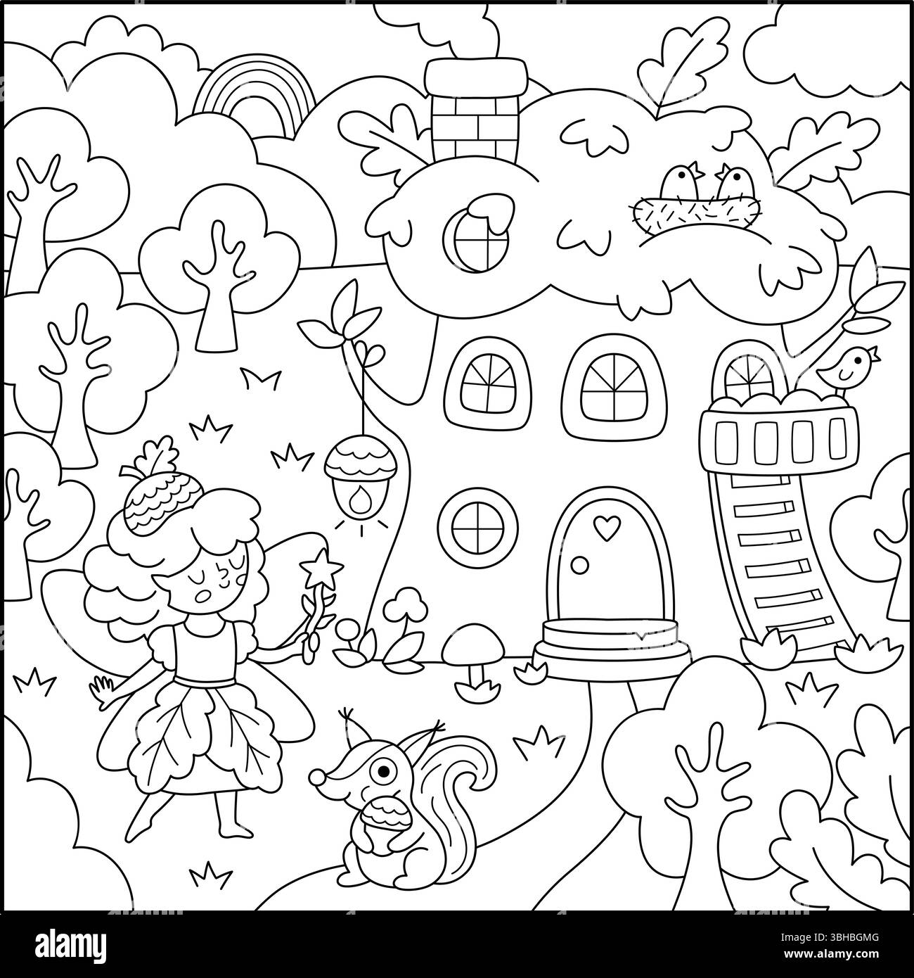 Vektor-schwarz-weiß quadratischer Märchenhintergrund mit Eichelfee, Baumhaus, Eichhörnchen. Zauberhafte Landschaft an Land. Waldlandschaft mit Prinzessin. F Stock Vektor