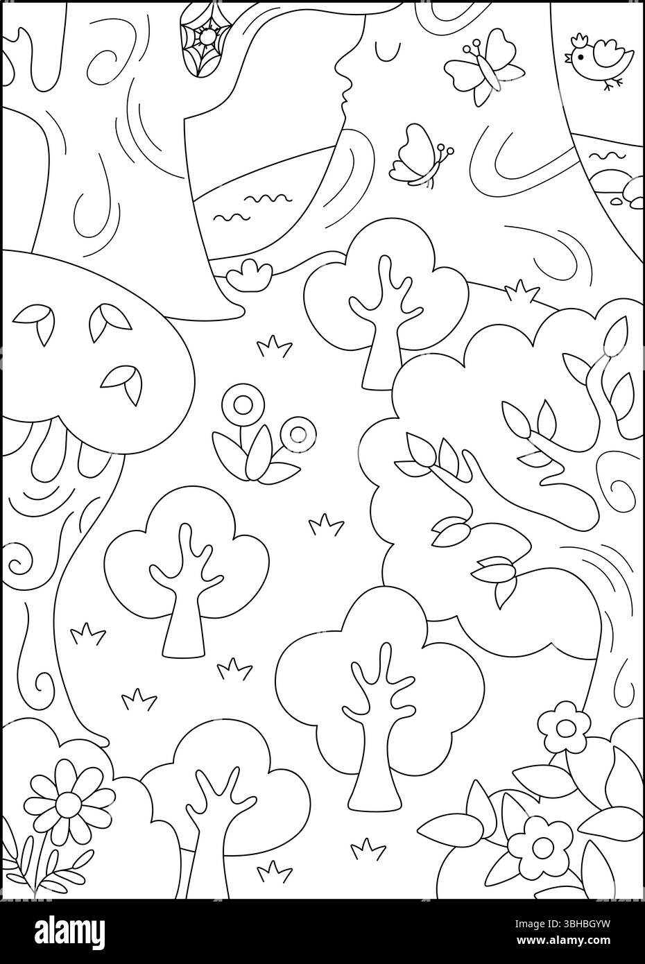 Vektor schwarz-weiß leerer verzauberter Wald Hintergrund. Säumen Sie die Fairyland-Landschaft mit Bäumen, Schmetterlingen, Vögeln, Flüssen und Blumen. Waldlandschaft, Co Stock Vektor