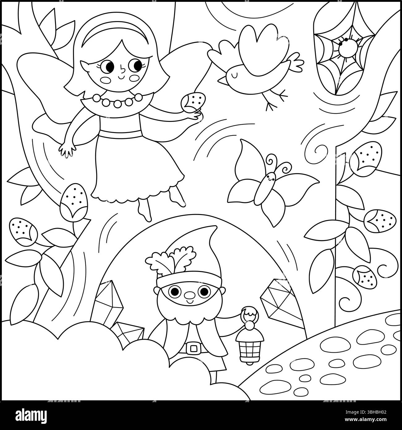 Vektor-schwarz-weiß quadratischer Märchenhintergrund mit Beerenfee, Zwerg. Zauberhafte Landschaft an Land. Waldlandschaft mit Prinzessin. Fantasy Forest Stock Vektor