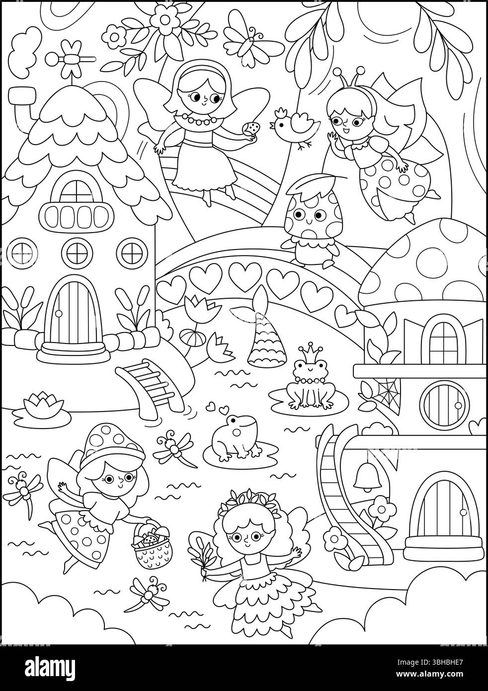 Vektor-schwarz-weiß vertikaler Fairyland-Hintergrund mit Sumpffee, Häuser. Zauberhafte Landschaft an Land. Waldlandschaft mit verzaubertem Wald. Fant Stock Vektor