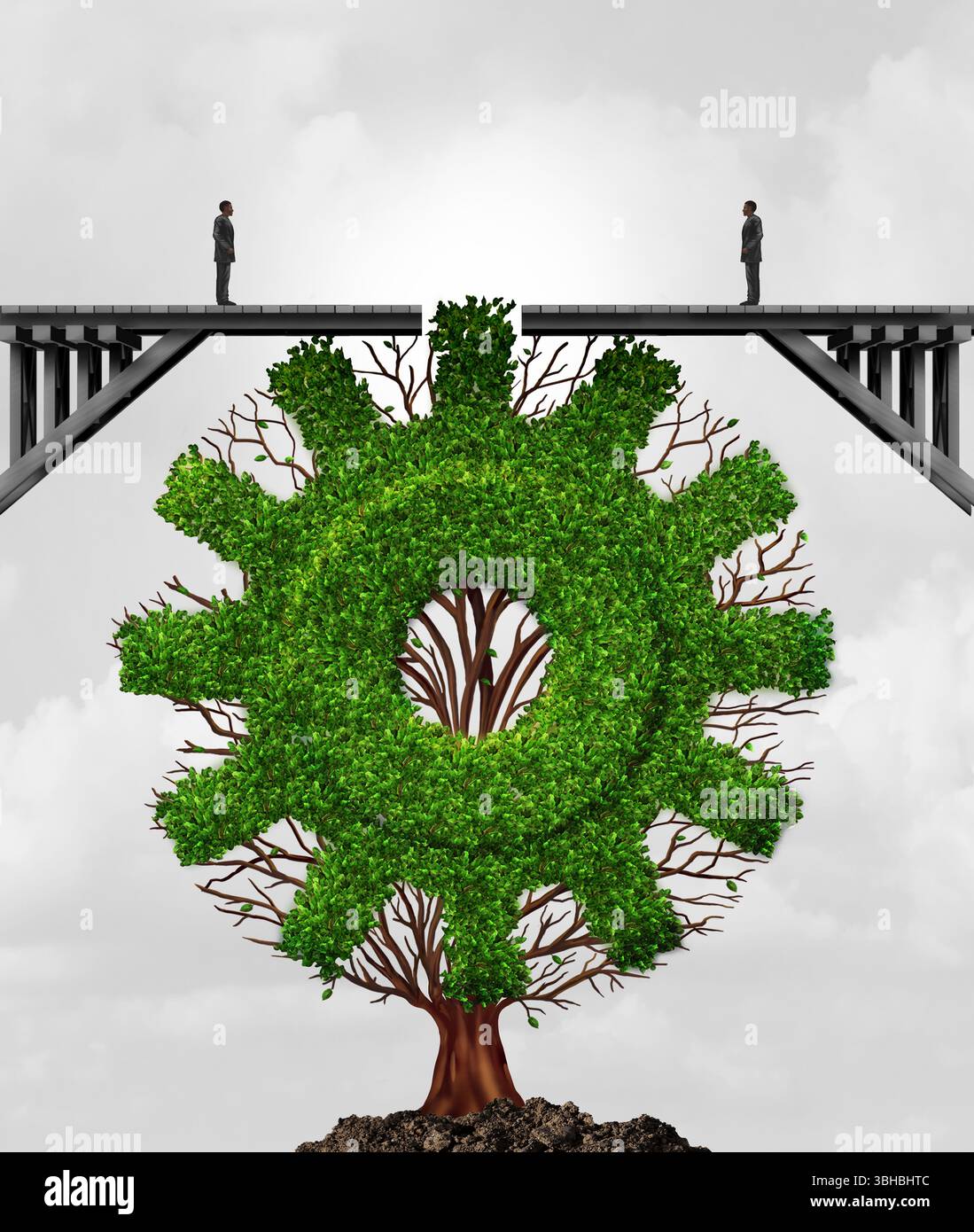 Business Meeting Konzept: Zwei Geschäftsleute, die auf einer zerbrochenen Brücke geteilt sind, die von der Industrie als Baumsymbol mit einem Zahnrad- oder Zahnradsymbol vereint sind Stockfoto