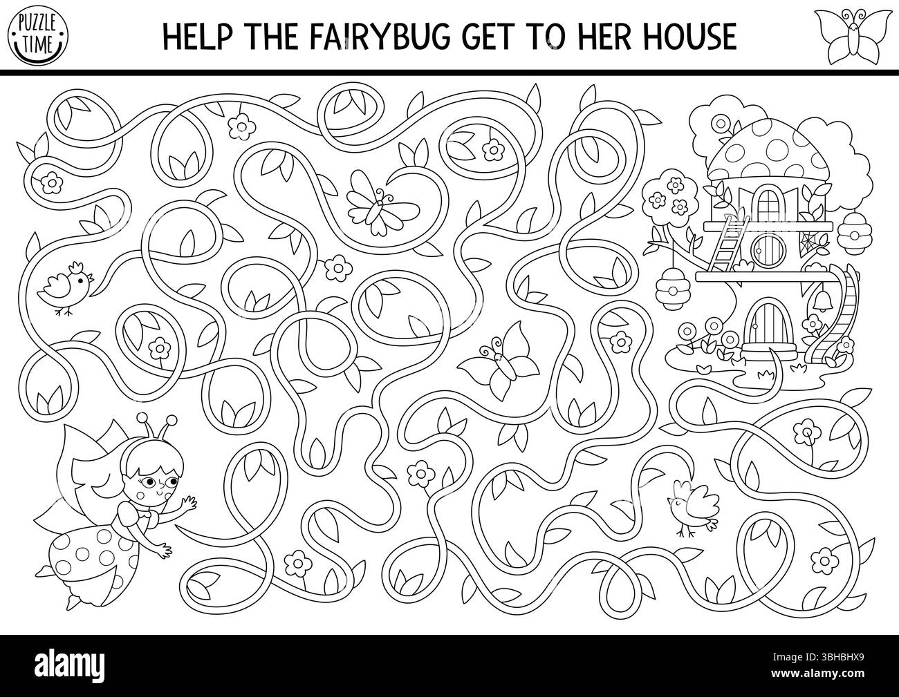 Schwarz-weißes Labyrinth für Kinder mit Feenkäfer, die an Ästen zu ihrem Haus gehen. Märchenhafte Prinzessinie druckbare Aktivität, Ausmalseite. Magie für Stock Vektor