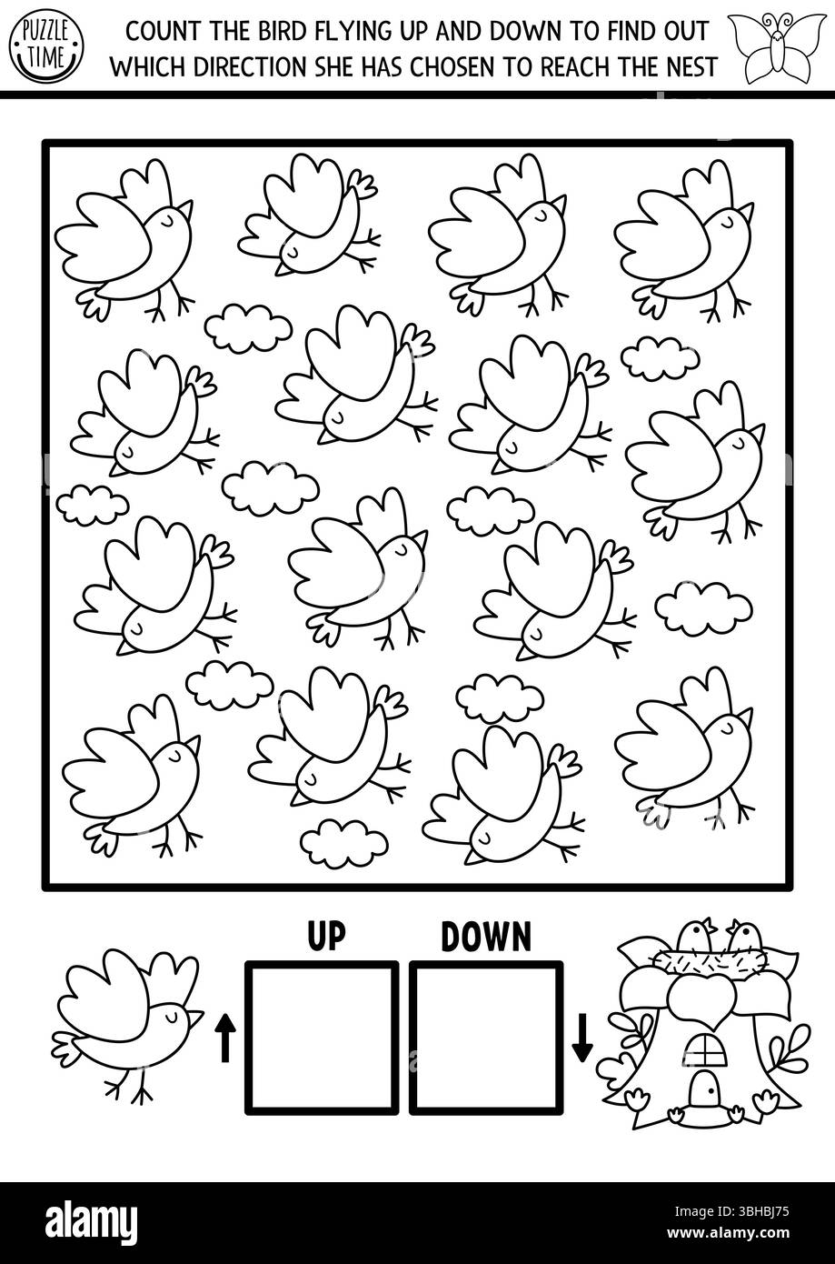 Fairyland, Wald Natur Logikspiel mit Up, Down Konzept für Kinder. Schwarz auf weiß spioniere ich auf der Suche, zähle Aktivitäten mit Vogel, Nest. Druckbarer Spac Stock Vektor