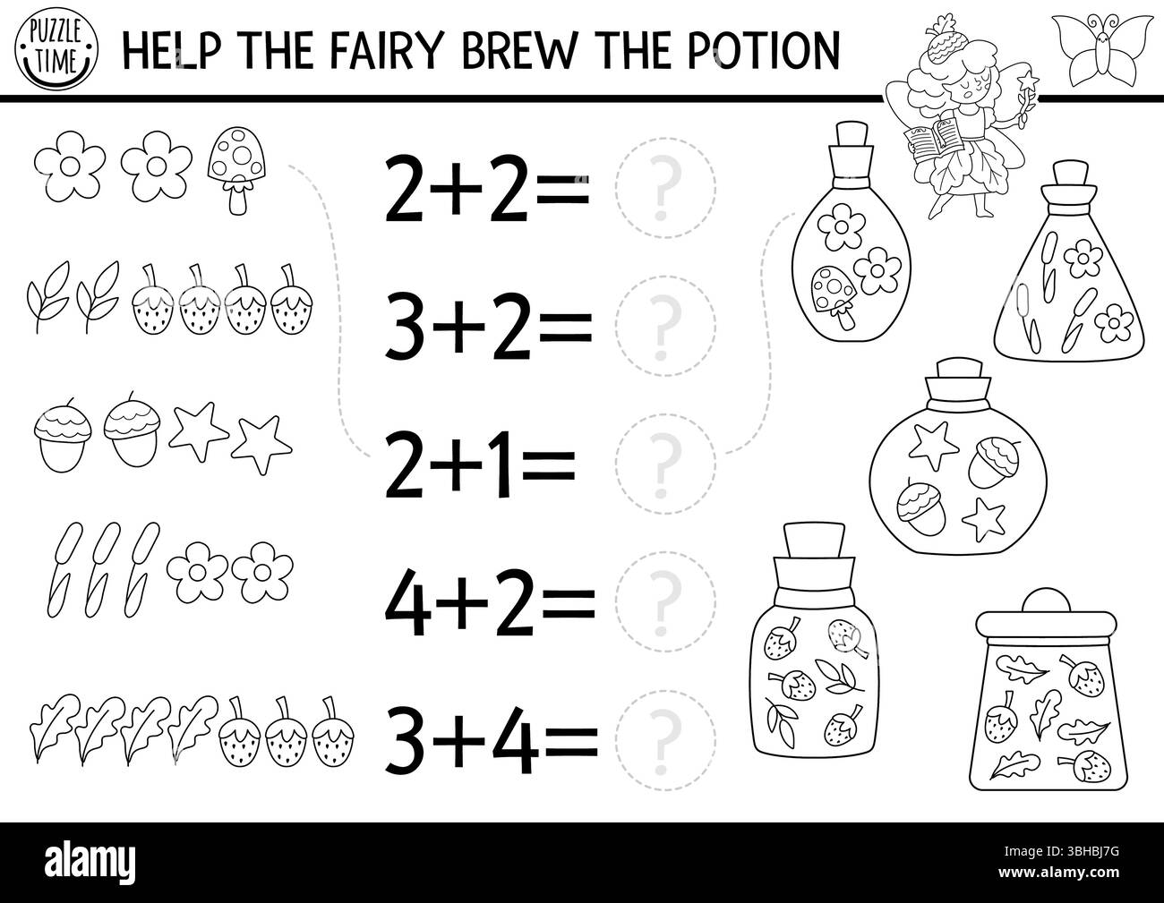 Mit dem Märchenspiel „Feen Brewing Potion“ können Sie die Zahlen in Schwarz und weiß vergleichen. Wald Prinzessin Mathe Aktivität, Malseite. Märchenhaftes Bildungssystem Stock Vektor