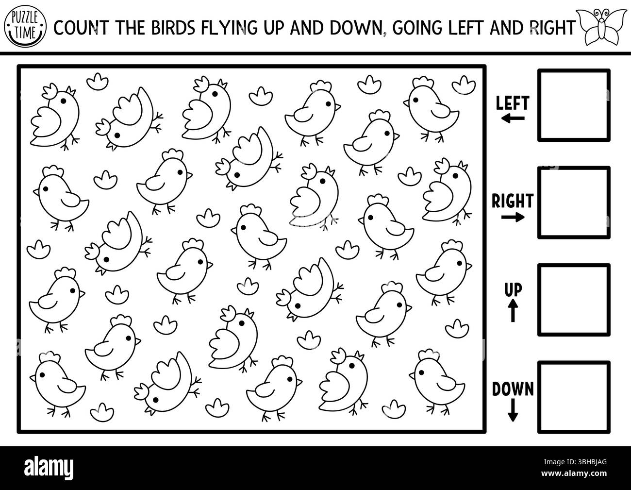 Fairyland, Wald Natur Logik Spiel mit rechts, links, oben, unten Konzept. Schwarz auf weiß spioniere ich auf der Suche, zähle Aktivitäten mit Vogel. Druckbarer Bereich Stock Vektor