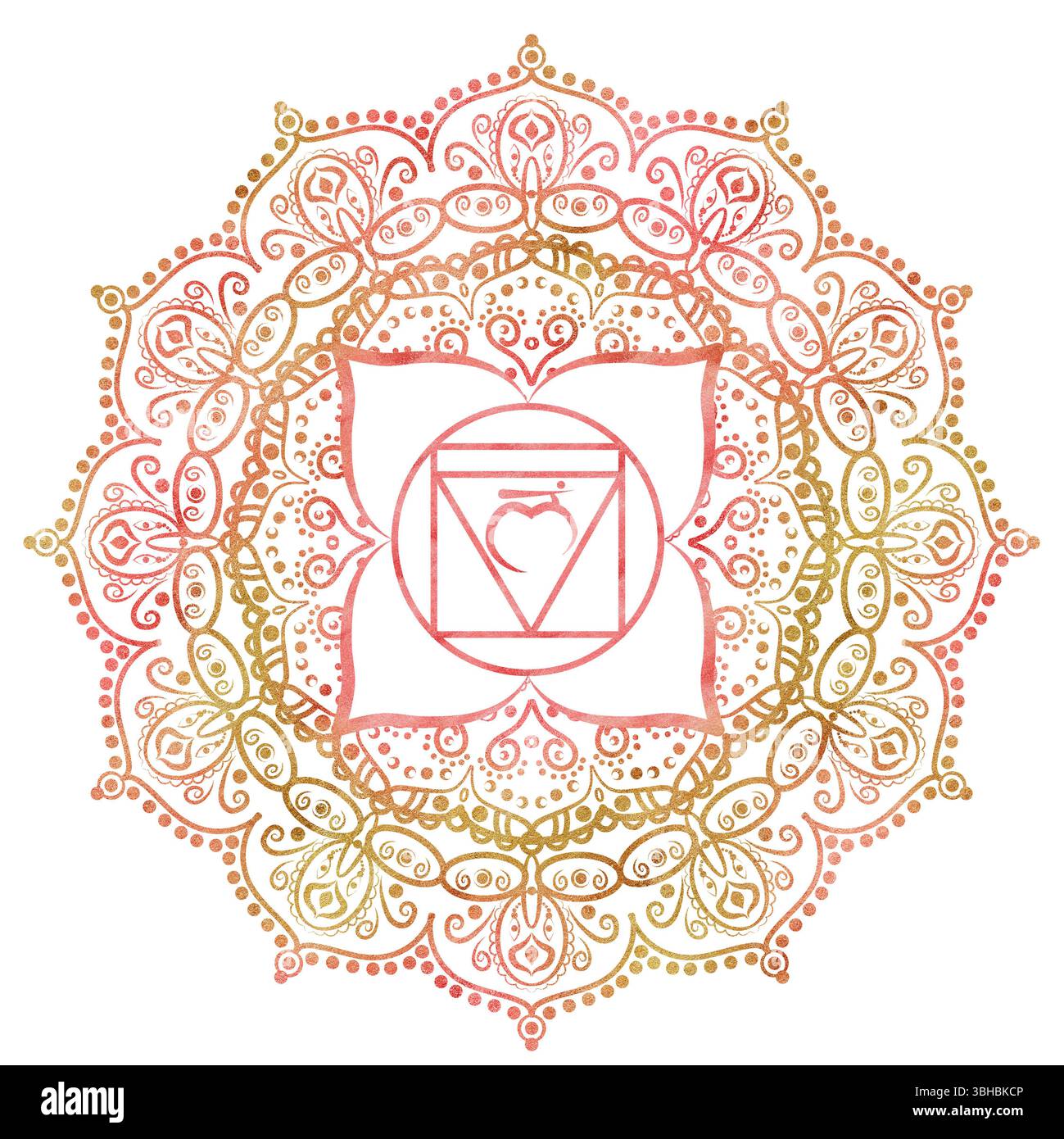 Wurzelchakra Muladhara von goldroter Farbe mit elegantem Mandala-Muster und Sanskrit-Buchstaben in der Mitte. Energiebilanz. Handgezeichnete Aquarelle illus Stockfoto