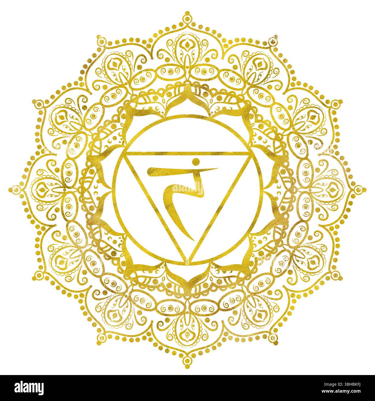Solarplexus-Chakra Manipura von goldgelber Farbe mit elegantem Mandala-Muster und Sanskrit-Buchstaben in der Mitte. Energiebilanz. Handgezeichnetes Wasser Stockfoto