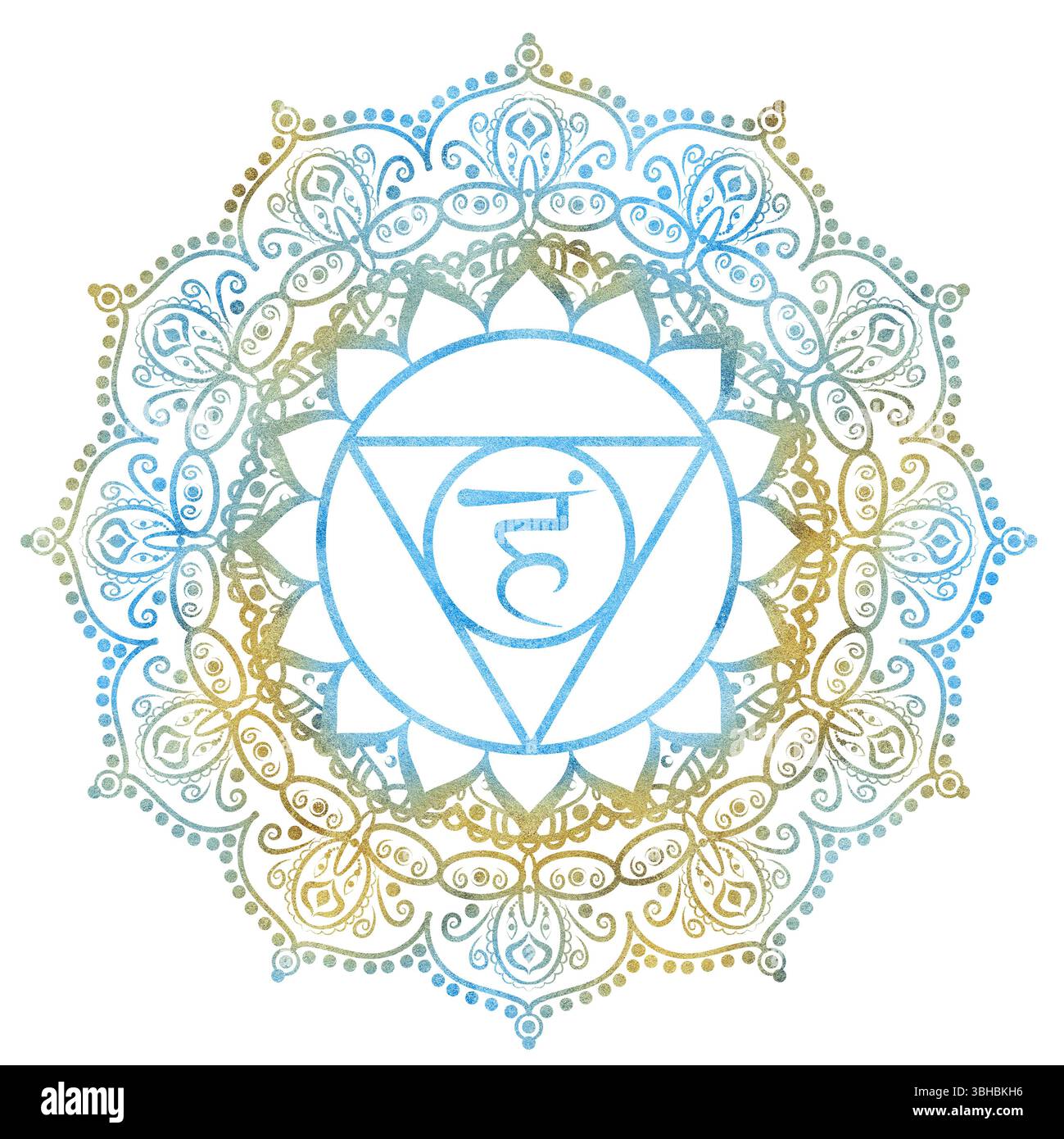 Kehlchakra Vishuddha von goldblauer Farbe mit elegantem Mandalamuster und Sanskrit-Buchstaben in der Mitte. Energiebilanz. Handgezeichnetes Aquarell il Stockfoto