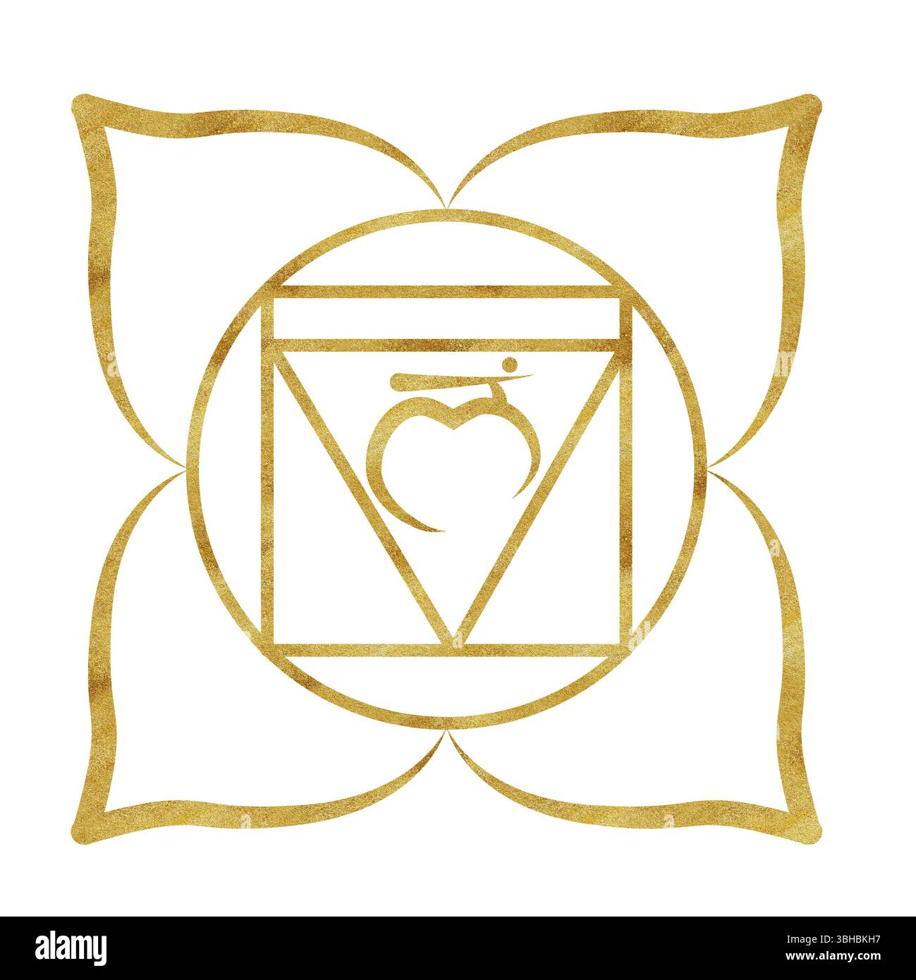 Wurzelchakra Muladhara mit goldener Textur und Sanskritbuchstaben in der Mitte. Heilender Energiehaushalt. Handgezeichnete Aquarellillustration. Ethnisches Indien Stockfoto