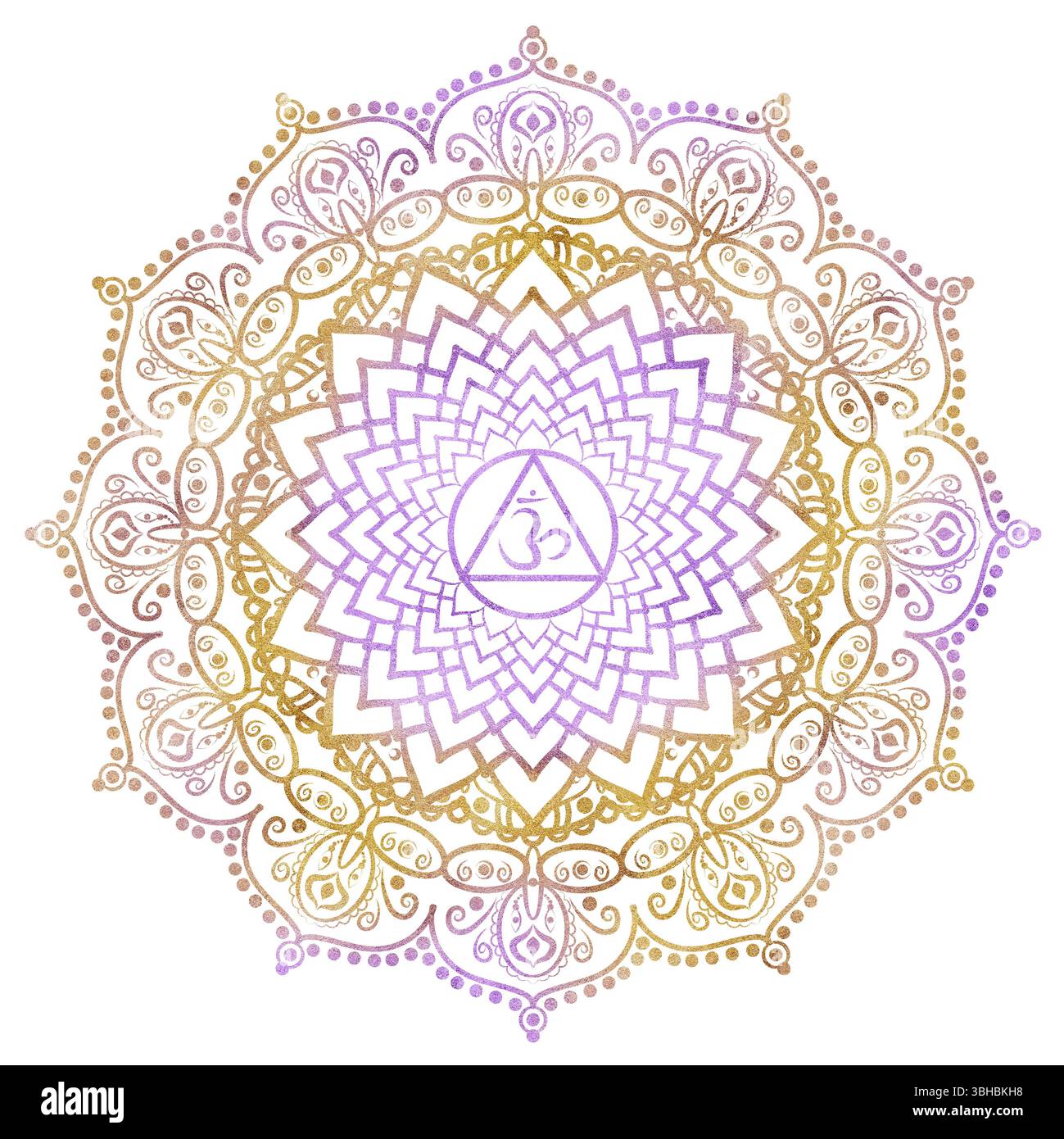 Kronenchakra Sahasrara in goldener Fliederfarbe mit elegantem Mandala-Muster und Sanskrit-Buchstaben in der Mitte. Energiebilanz. Handgezeichnetes Aquarell il Stockfoto