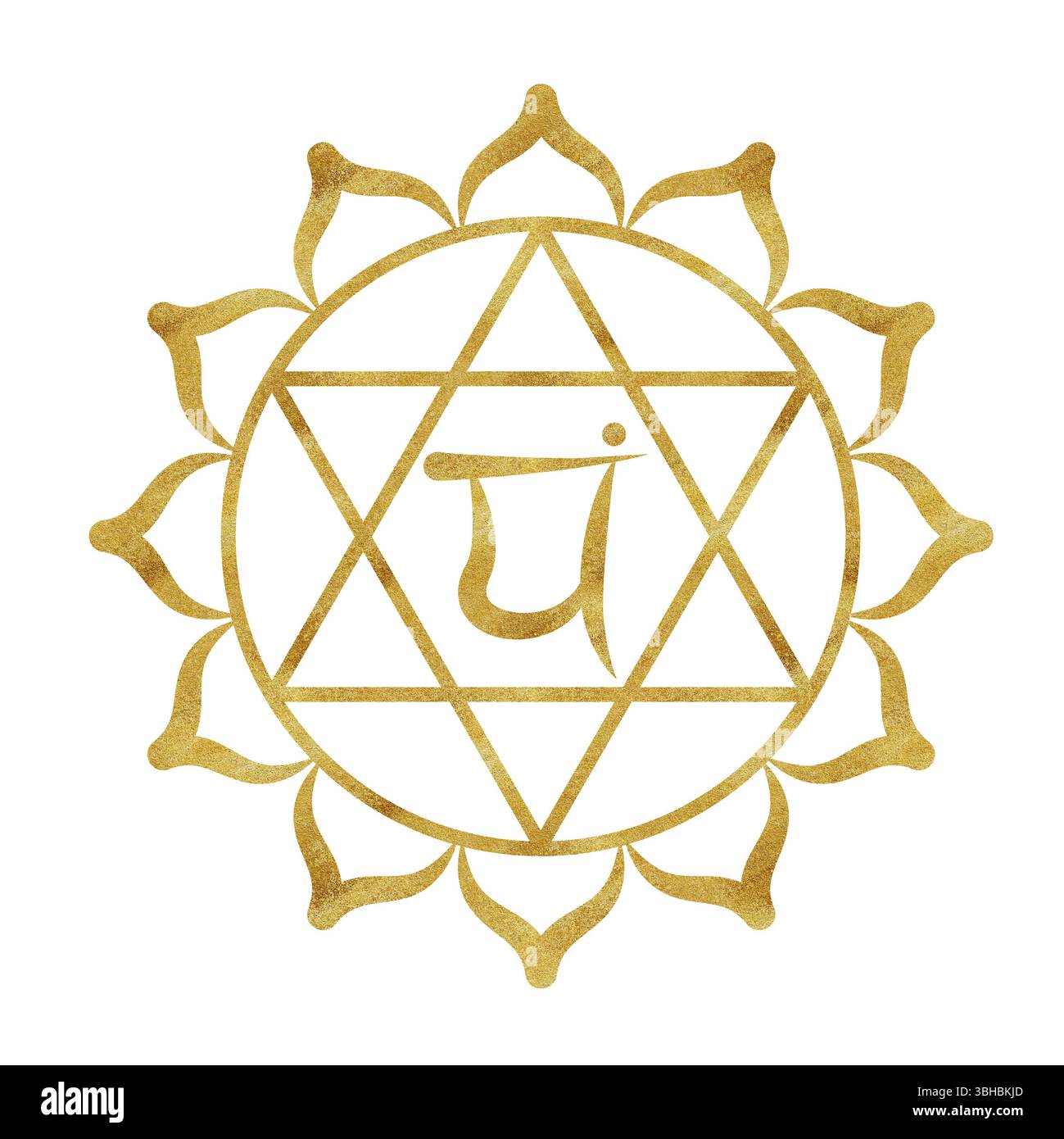 Herzchakra Anahata mit goldener Textur und Sanskrit-Buchstaben in der Mitte. Heilender Energiehaushalt. Handgezeichnete Aquarellillustration. Ethnische Indianer Stockfoto