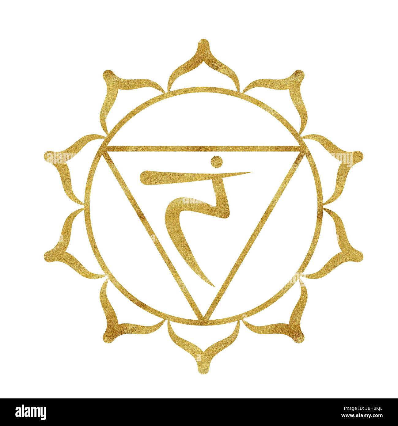 Solarplexuschakra Manipura mit goldener Textur und Sanskritbuchstaben im Zentrum. Heilender Energiehaushalt. Handgezeichnete Aquarellillustration. Ethni Stockfoto