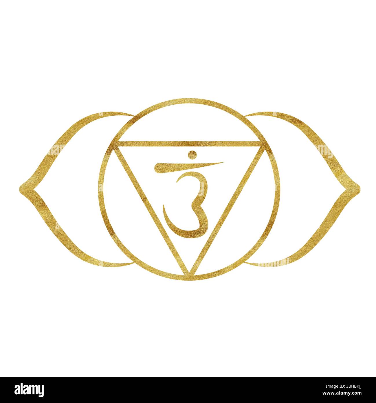 Drittes Auge Chakra Ajna mit goldener Textur und Sanskrit-Buchstaben in der Mitte. Heilender Energiehaushalt. Handgezeichnete Aquarellillustration. Ethnisches Indien Stockfoto