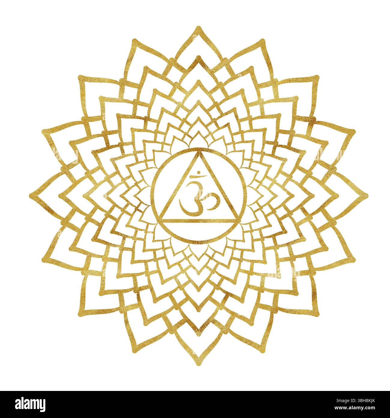 Kronenchakra Sahasrara mit goldener Textur und Sanskritbuchstaben in der Mitte. Heilender Energiehaushalt. Handgezeichnete Aquarellillustration. Ethnische Indi Stockfoto