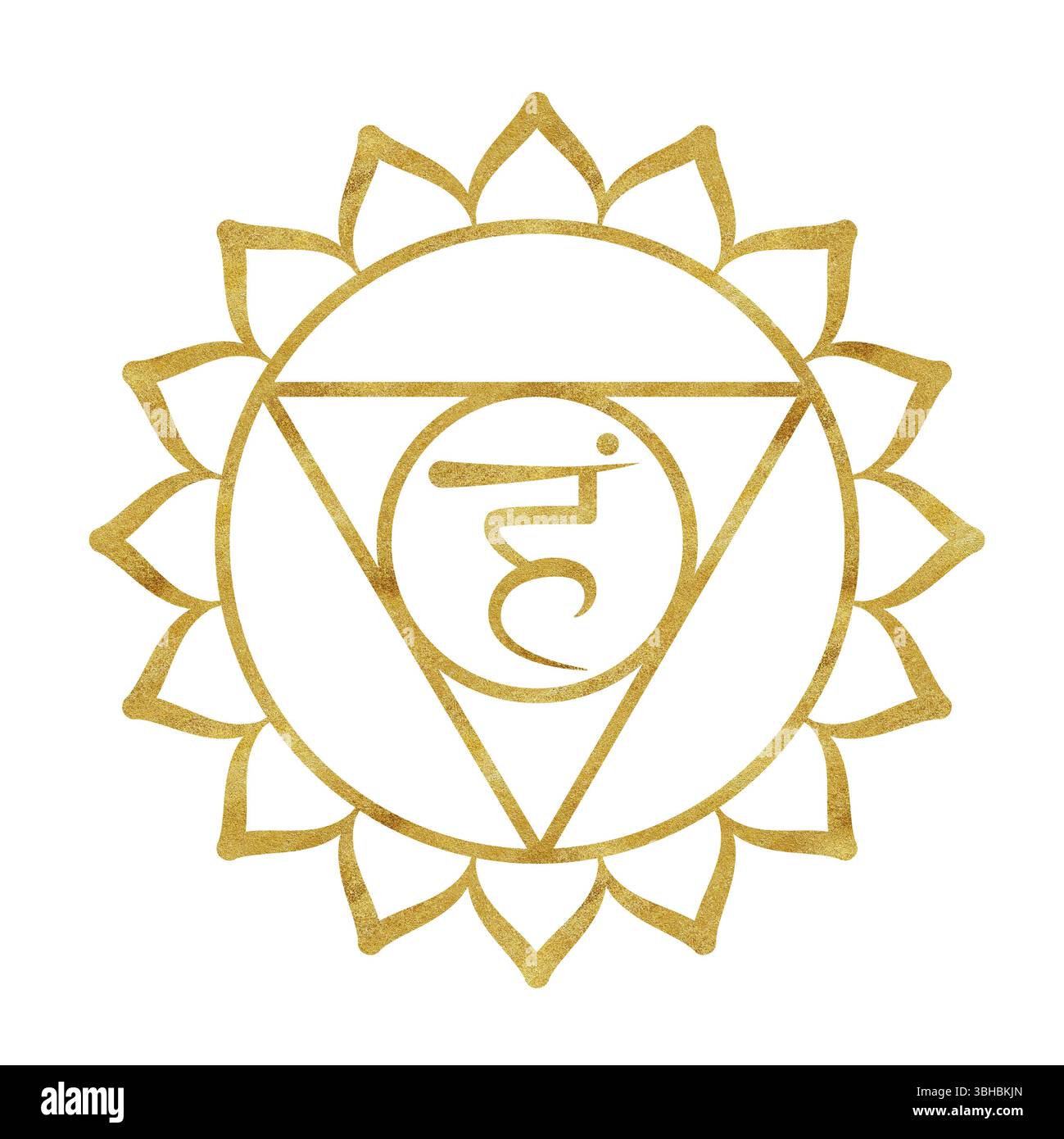 Rachenchakra Vishuddha mit goldener Textur und Sanskritbuchstaben in der Mitte. Heilender Energiehaushalt. Handgezeichnete Aquarellillustration. Ethnische Herkunft Stockfoto