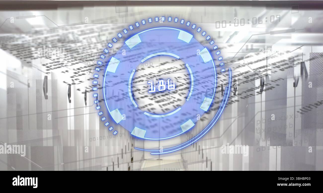 Abbildung eines blauen Kreises mit Zahlen über Daten und Servern. Computer, Datenverarbeitung und Technologiekonzept digital generiertes Bild. Stockfoto