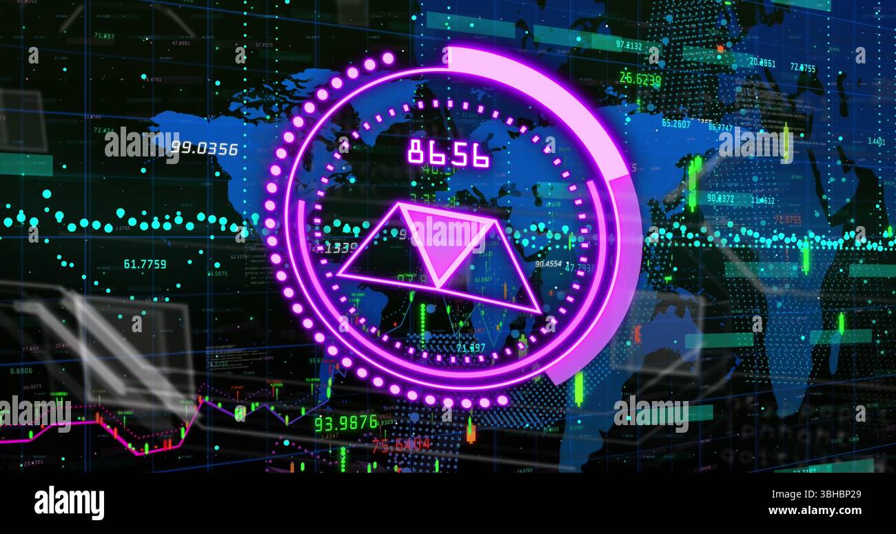 Bild eines violetten Kreises mit Zahlen über Diagrammen und Weltkarte. Computer, Datenverarbeitung und Technologiekonzept digital generiertes Bild. Stockfoto