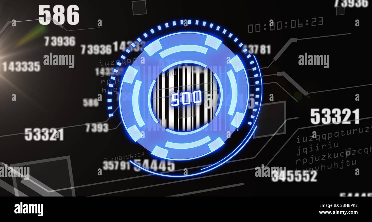 Bild eines blauen Kreises mit Zahlen über Zahlen auf schwarzem Hintergrund. Computer, Datenverarbeitung und Technologiekonzept digital generiertes Bild. Stockfoto