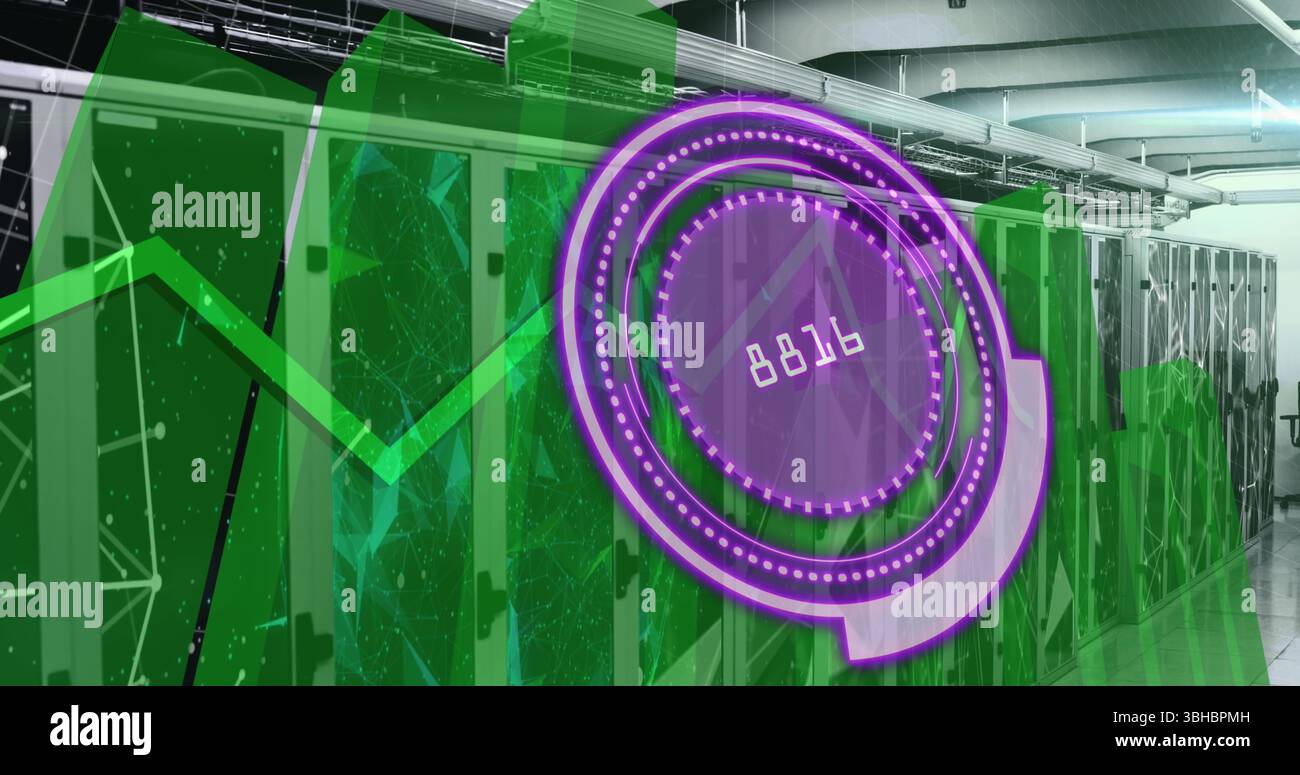 Abbildung eines lila Kreises mit Zahlen über Diagrammen und Servern. Computer, Datenverarbeitung und Technologiekonzept digital generiertes Bild. Stockfoto
