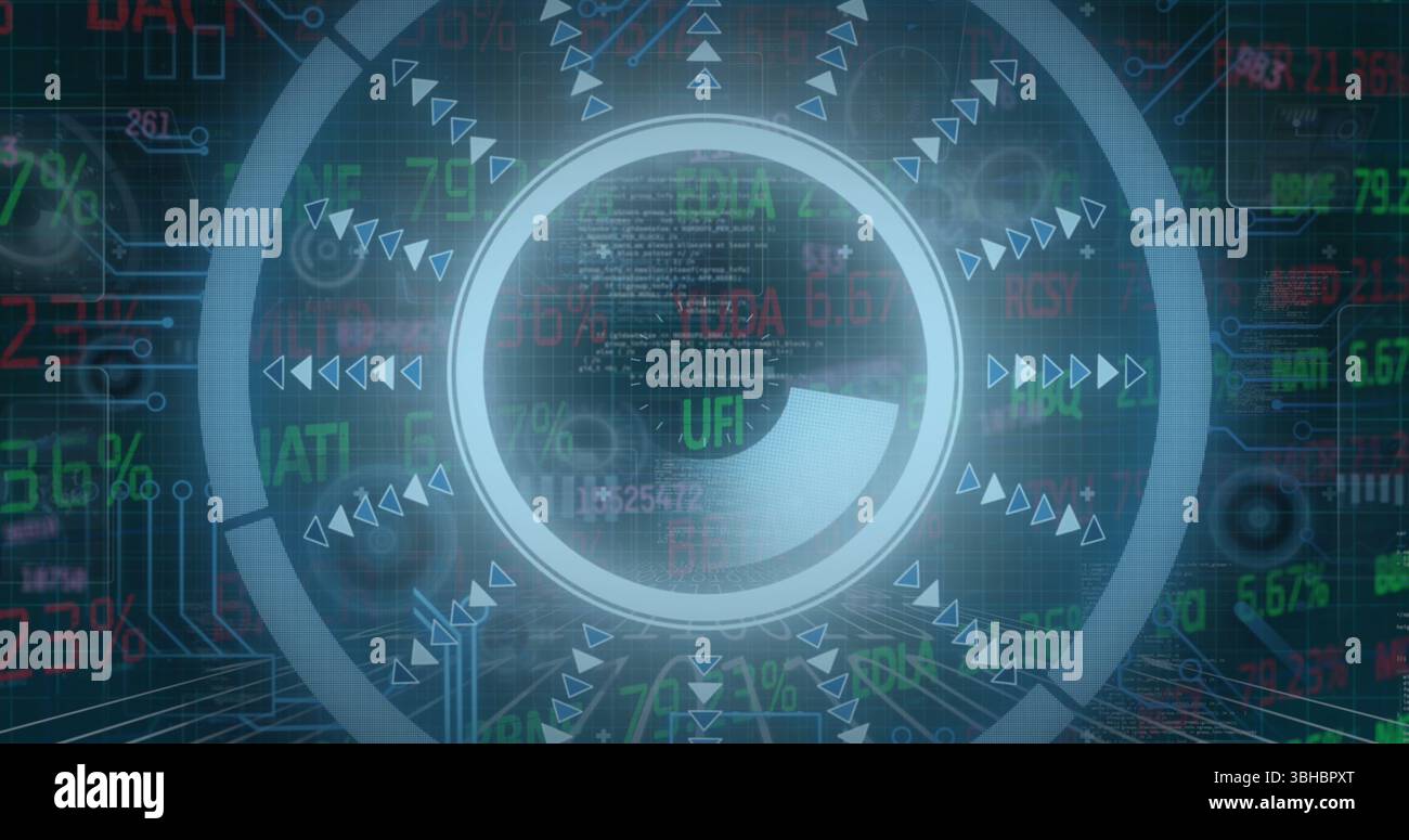 Bild der Zahlen, des Verarbeitungskreises und der Finanzdaten auf dem digitalen Bildschirm. Globales Finanz-, Wirtschaft-, Datenverarbeitungs- und Technologiekonzept digital ge Stockfoto