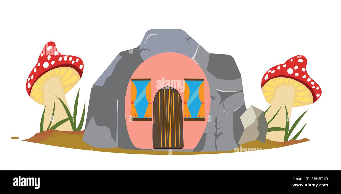 Märchenhöhle mit Hauseingang und zwei Pilzen; zum Drucken auf Grössen, Karten Stock Vektor