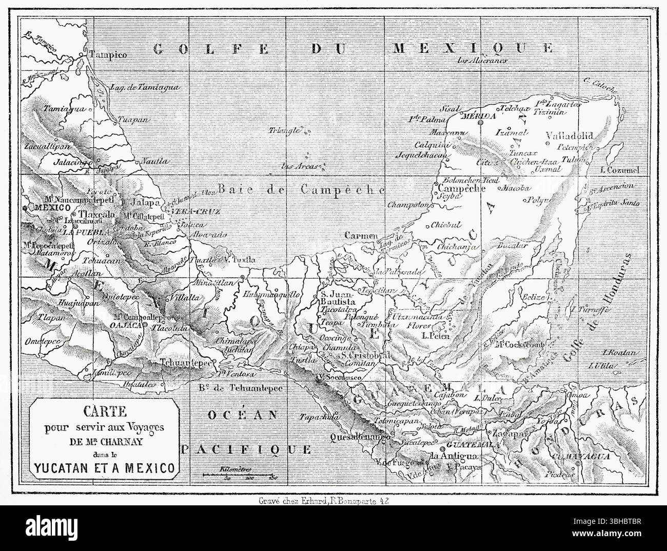 Karte, die während der Reise nach Yucatan, Mexiko, von M. Charnay, 1860 verwendet wurde. In Le Tour du Monde, veröffentlicht 1862. Stockfoto