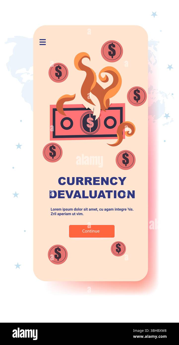 Währungsabwertung brennende Dollarrechnung umgeben von Münzen Mobile App Bildschirm Pastellhintergrund Wirtschaftskrise Finanzabschwung Stock Vektor