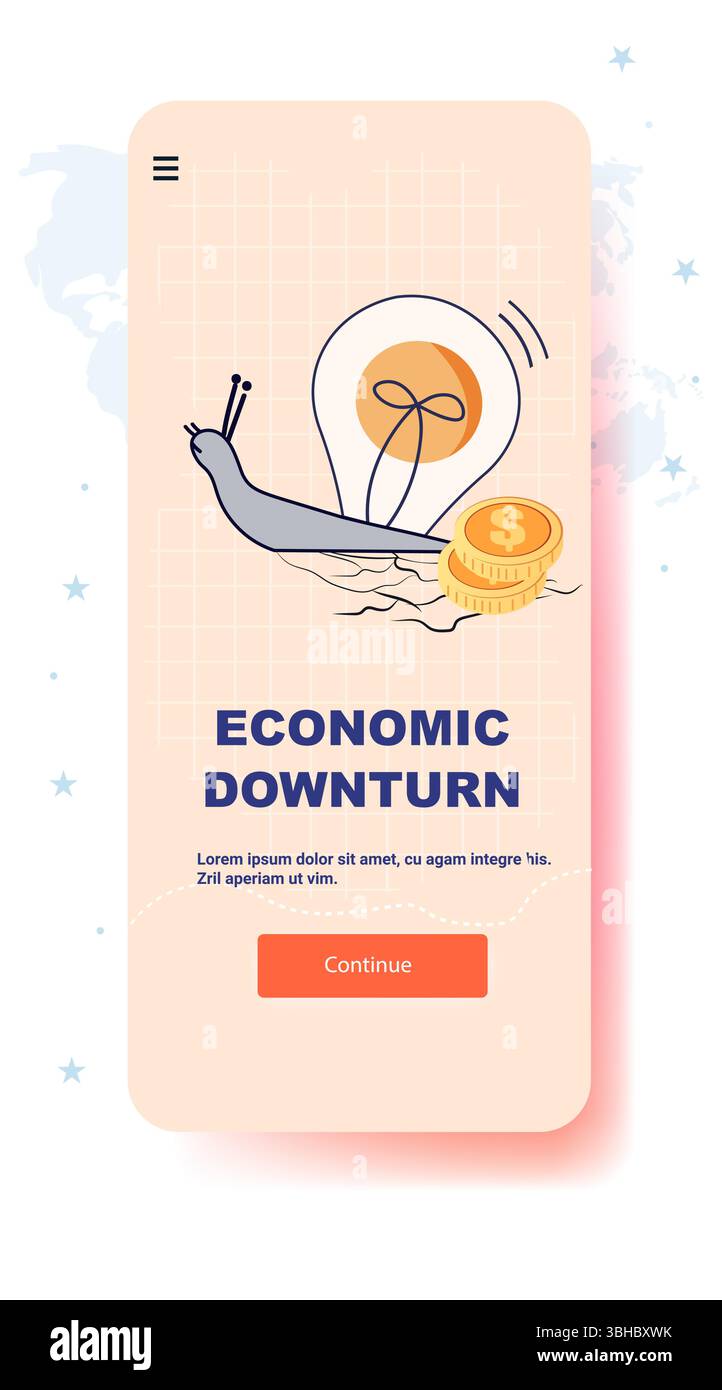 Wirtschaftlicher Abschwung langsamer Fortschritt Schnecke Glühbirne Münze Finanzkrise Konzept pastellfarbene Hintergrund Mobile App Bildschirm Stock Vektor