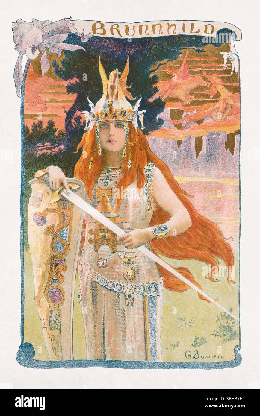 Chromolithographie von Gaston Bussière, die Brunhild darstellt, eine weibliche Figur aus der germanischen Heldenlegende. Stockfoto
